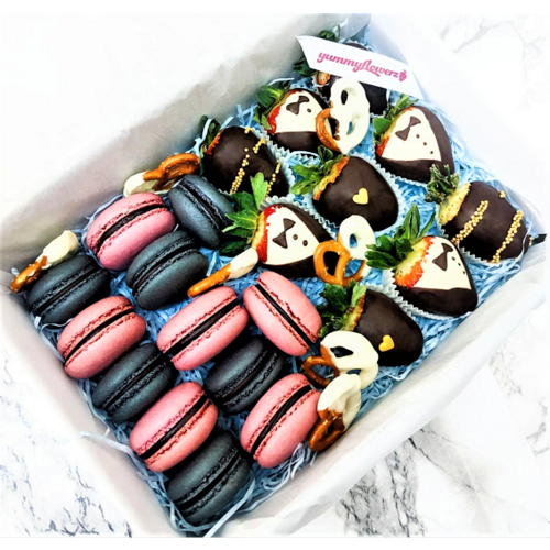 Macarons + Chocolate Dipped Strawberries Gift Box in Tuxedo, Black, Gold, Red & White